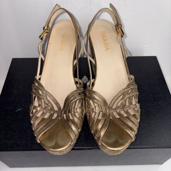 Vintage Prada Heels Gold Slingback Size EUR 37 US 7 with Box & Shoe Bags - Picture 1 of 16